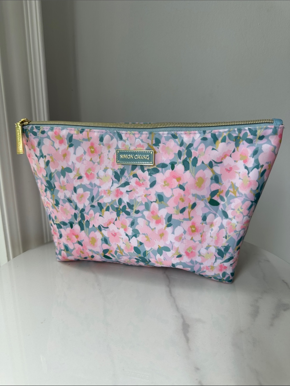 SIMON CHANG Pink Green Floral Zip Cosmetic Makeup Case Bag Pouch Gold Accent